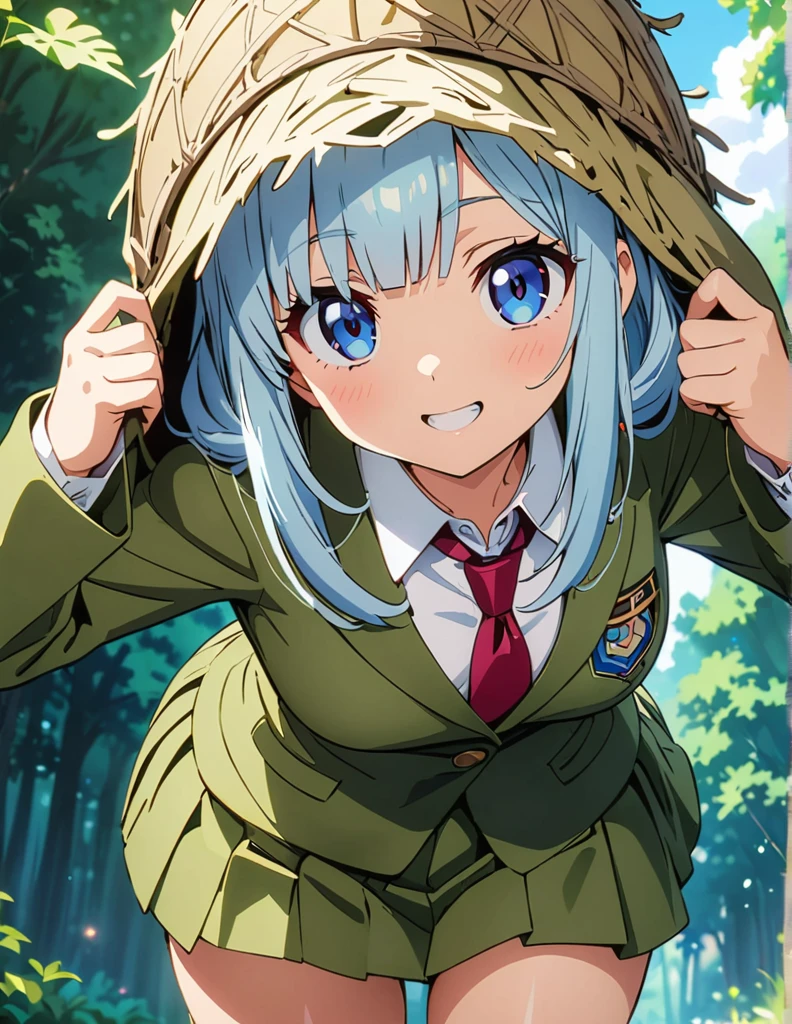 (anime artwork, anime style, studio anime, very detailed, up to date, vibrant, Anime Coloring, high contrast, masterpiece:1.2, best quality, best aesthetics),ghillie suit,ghillie helmet, pleated skirt, Medium chest, A glimpse of thighs,random hair, One eye is hidden by the bangs, perfect proportions, high detail skin, Cute, detailed faces,forest, precise fingers,panty shot ,Hide in Obstruction,roll over 