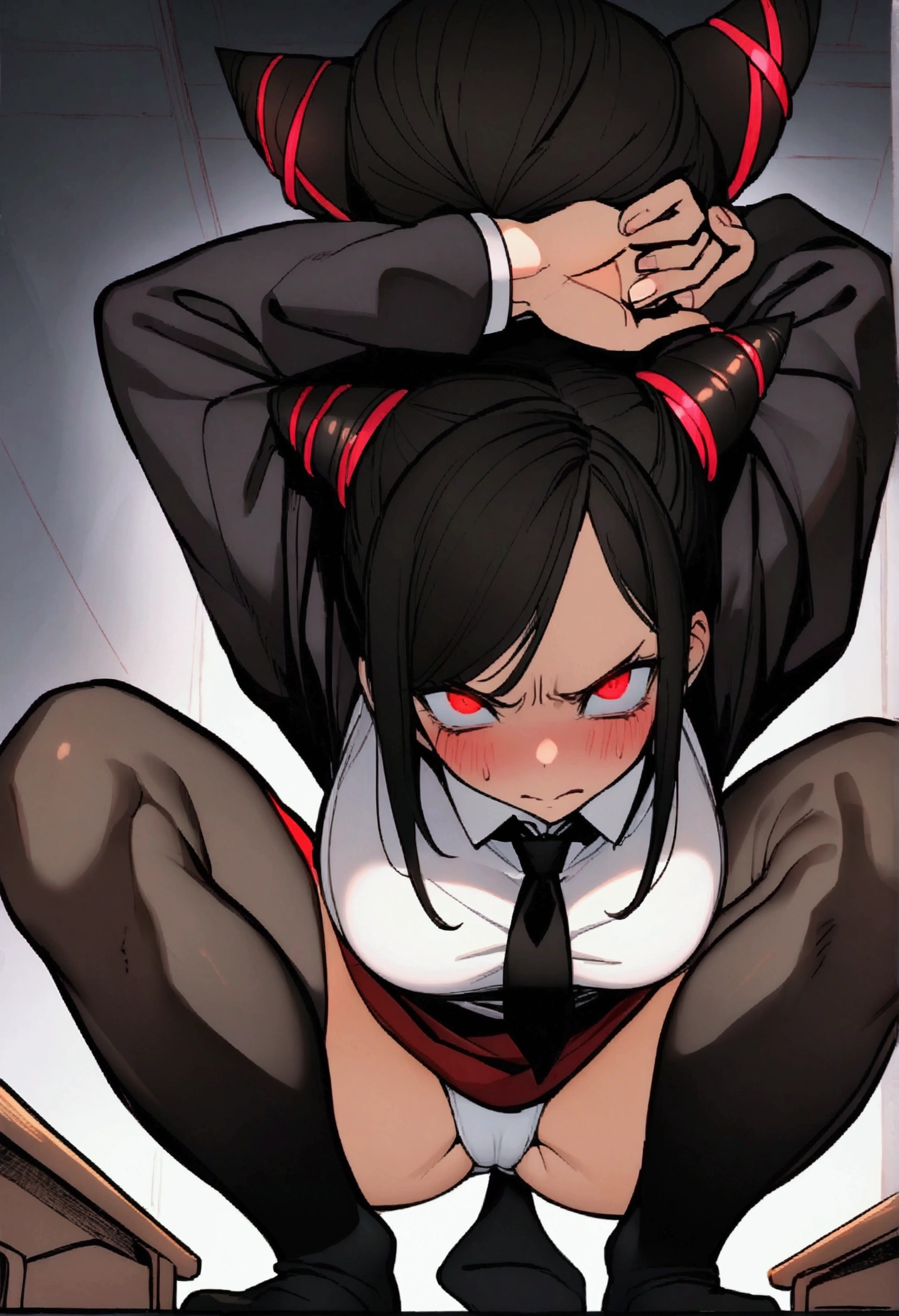 Juri Han, Artwork, fitted white secretary shirt with black tie,White-panties, skirt short,sock, Bblack hair,hair horn, frightful,desk,bangs on the eyes,Lighting,hair horn, Evil smile, facing at viewer, gazing at viewer, from low, squatting down de frente, squatting down, crotch exposed, sexual expression, Bblack hair,horns on the head,red eyes glowing,ashamed,blushed,big breasts,cloused mouth,Hands behind the head
