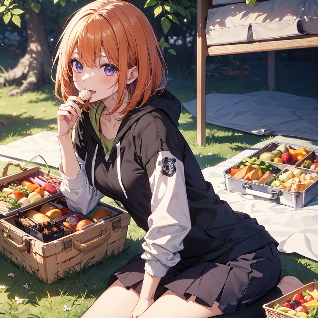 (Recall,food:1.3),(picnic:1.3),basket, Park with a view, Highest quality,Best image quality,Perfect Anatomy,masterpiece,Ultra-detailed,beautiful,super high quality, Highest quality,High resolution, Very detailed,Game CG,Dutch Angle ,beautiful細部までこだわった目,Visual Arts,Five Fingers, Perfect hands,Hide your hands, {{{One Girl}}}, beautiful詳細な女の子, Game CG, Spring flower, One curl on the outside, Short Bob Hair, Pastel orange hair, Purple eyes,Stylish accessories solo, breast enhancement, Medium Shoot, woman, Take-out, Laughter, huge ,,Pastel green checkered mini skirt,Black knee-highs, {{{{{Wearing a pastel green hoodie}}}}},Open your mouth, wonderful, beautiful細部までこだわった目, Highest quality, Very delicate,Masseter muscle area,Highest quality,(Official Art、Highest quality、Unity 8k wallpaper、32K、masterpiece、Ultra-detailed、超High resolution、Realistic、Photorealistic:1.2)、(Cinema Lighting:1.2)、Fire Glow Effect、The most grainy shadows on the film、Side light、Side Shot、(Ultra-detailedで複雑な3Dレンダリング)、Atelier Series,