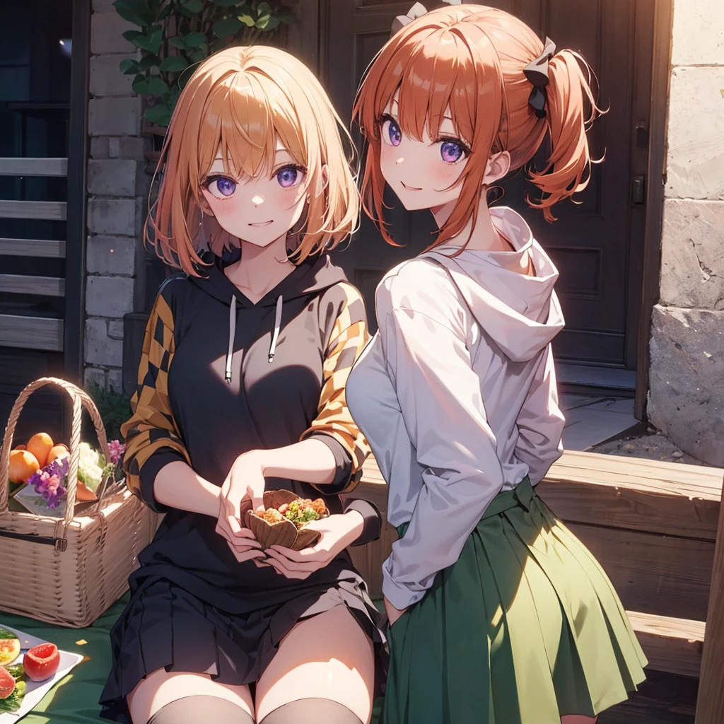 (Recall,food:1.3),(picnic:1.3),basket, Park with a view, Highest quality,Best image quality,Perfect ???????,masterpiece,Ultra-detailed,beautiful,super high quality, Highest quality,High resolution, Very detailed,Game CG,Dutch Angle ,beautiful細部までこだわった目,Visual Arts,Five Fingers, Perfect hands,Hide your hands, {{{One Girl}}}, beautiful詳細な女の子, Game CG, Spring flower, One curl on the outside, Short Bob Hair, Pastel orange hair, Purple eyes,Stylish accessories solo, breast enhancement, Medium Shoot, woman, Take-out, Laughter, huge ,,Pastel green checkered mini skirt,Black knee-highs, {{{{{Wearing a pastel green hoodie}}}}},Open your mouth, wonderful, beautiful細部までこだわった目, Highest quality, Very delicate,Masseter muscle area,Highest quality,(Official Art、Highest quality、Unity 8k wallpaper、32K、masterpiece、Ultra-detailed、超High resolution、Realistic、Photorealistic:1.2)、(Cinema Lighting:1.2)、Fire Glow Effect、The most grainy shadows on the film、Side light、Side Shot、(Ultra-detailedで複雑な3Dレンダリング)、Atelier Series,
