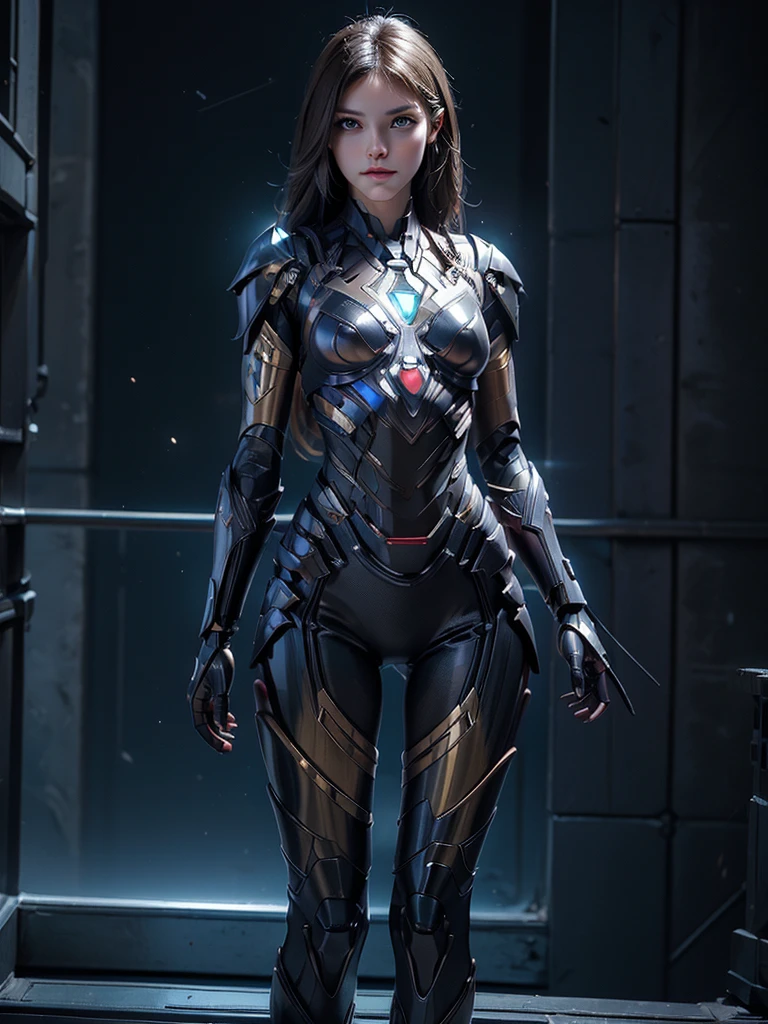 ((masterpiece, 8K, 3D, Realistic, Super Detail)), (1girl:1.3), slender 16 age, Ultra Micro photography, Melissa Benoist Super realistic, Perfect face, 16K resolution, 4k resolution, The photo was taken from the Front, facing to the photographer, Foreground photo, dynamic lighting, posing on a pedestal, high-definition resolution, Beautiful features, ((Perfect female Model Slim body)) Beautiful features, Standing pose, ((small hip)), (((2 piece Hotpants-Bikini))), Sci-fi futuristic, ((Iron man armor)) ((bionic Fragmented Super Girl chest armor suit)), ((Exposed slim thighs)), wear mesh metal-stockings, ((slim thighs)), ((bionic Slim thighs Spider man armor)), Front Full body Shot, full body portrait, perfect legs, Iron Man shoes, futuristic city background