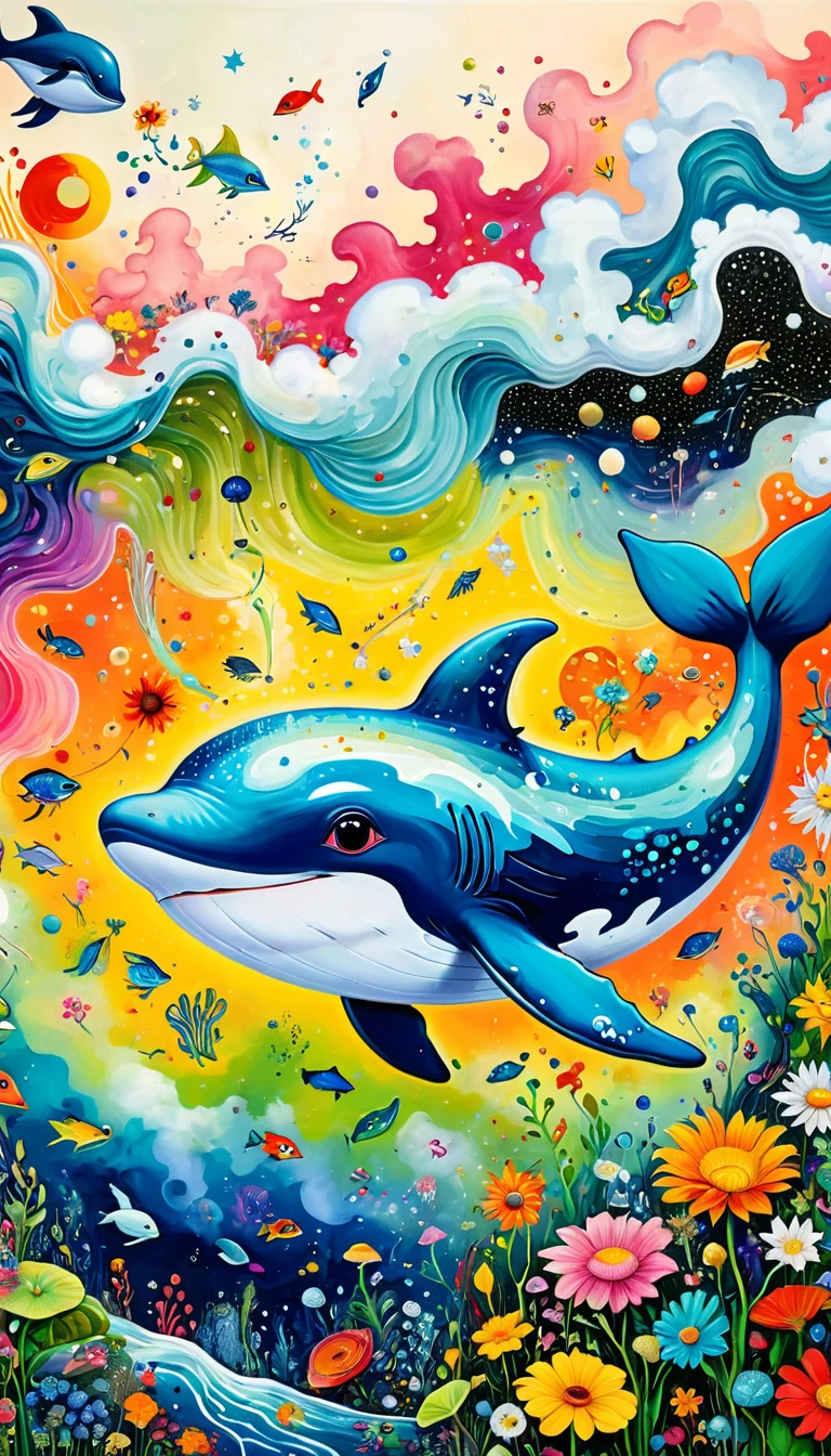 Children's graffiti,Thick coating,Concave and convex texture,Oil pastel strokes:Artists from the stars,Child,joy,Flying Whale:1.37、Eruption Cloud、flowesh、章fish触手瀑布。、bird、(((Eye)))、diatom,Abstract mosaic painting,Describing the inner world of autistic people,Large area of white,interesting,Innocence,Vision,Psychedelic Art,