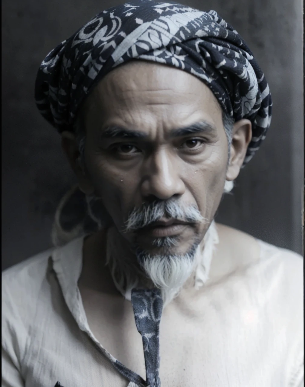 Indonesian Muslim man, 65 years old, naturally wrinkled brown skin appropriate for age, wearing a dark blue patterned turban. white Islamic clothes, oval face, tall nose, long ears, thick gray eyebrows, clear black eyes, slightly thick lower lip, thick white mustache and long beard, closed mouth. HD quality realistic images.