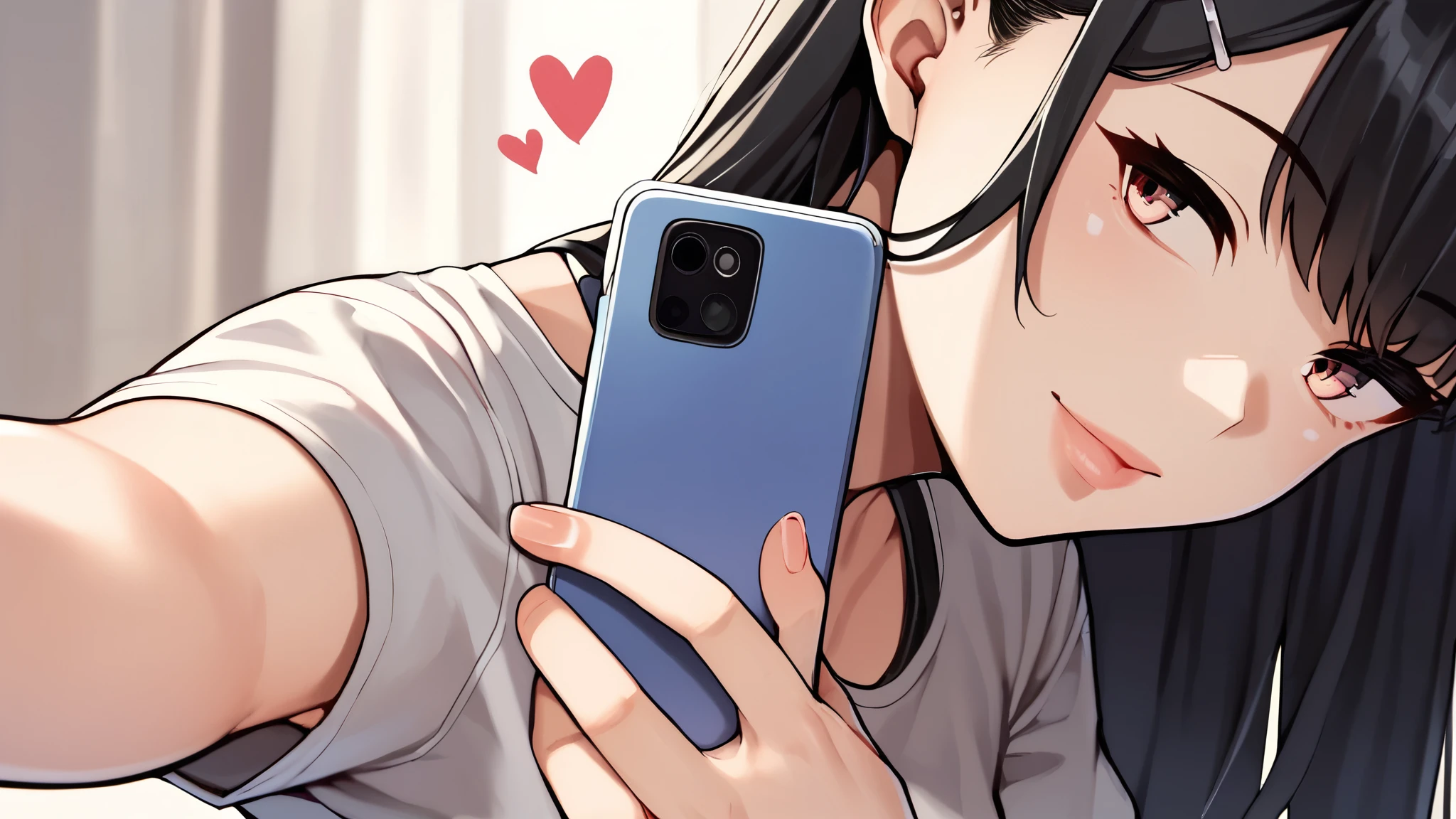 score_9, score_8_superior, score_7_superior,   Cowboy Shot, From the side,  One girl, smartphone,  Selfie,  amount,  Hair Clip, Voice of the Heart, Black Hair, bangs,
,   