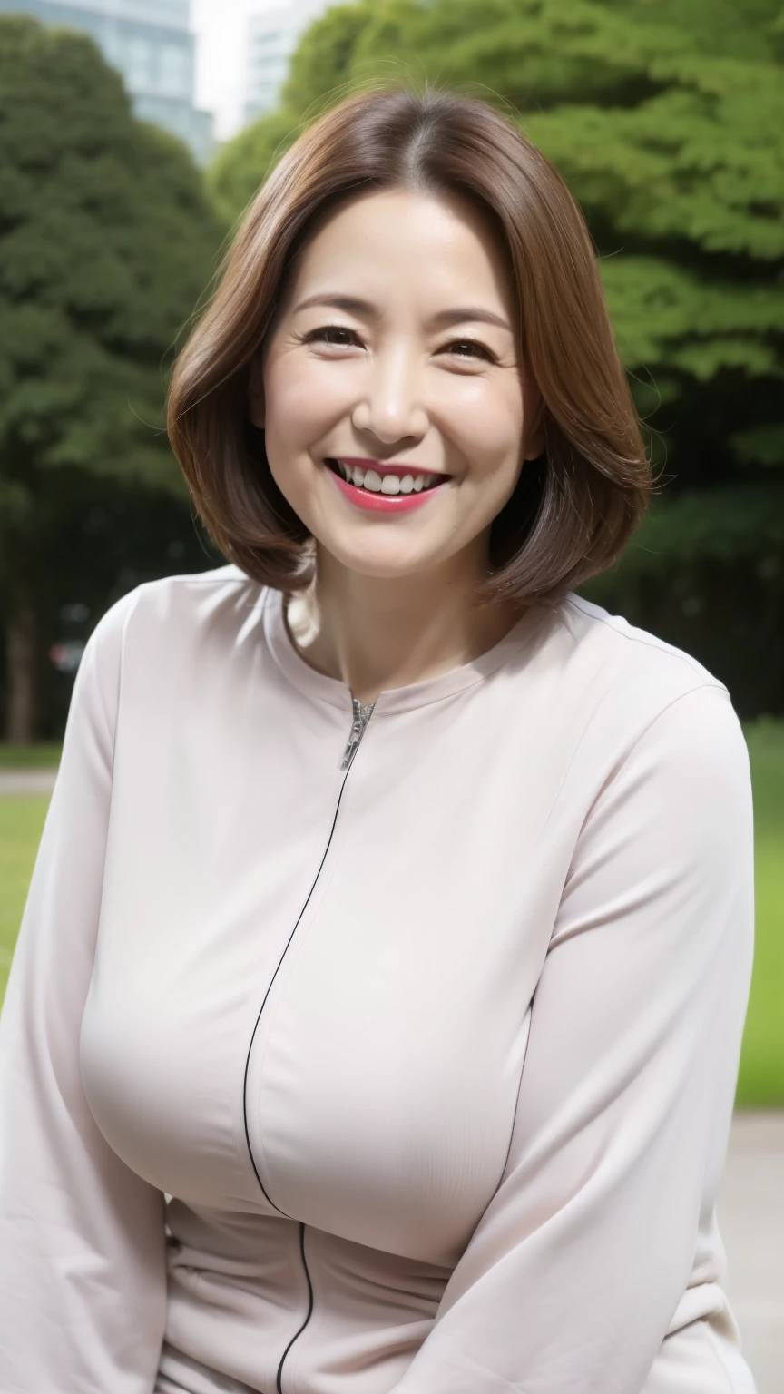 Standing in the park, Wrinkles around the eyes, Smiling with teeth showing, Plain short-sleeved clothing, senior citizen, Draw lips correctly, Red lipstick, No discomfort, 16K, Highest quality, Very detailed, Realistic, Very detailed肌, (Japanese), (alone), 100 years old, Large Breasts, , Glamour, sexy, Chromo White Skin, Staring straight ahead,