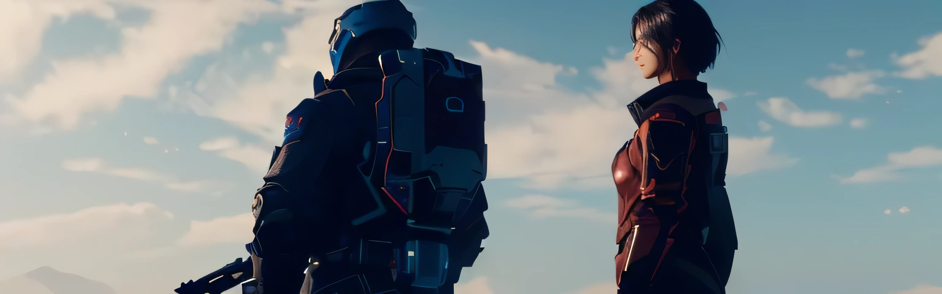 there are two people standing next to each other with a sky background, hq 4k wallpaper, detailed cinematic render, shot from cinematic, cinematic render, cinematic full shot, 2020 video game screenshot, ps 4 in - game cinematic, detailed cinematic shot, ps5 cinematic screen capture, cinematic 4k octane render, octane render cinematic