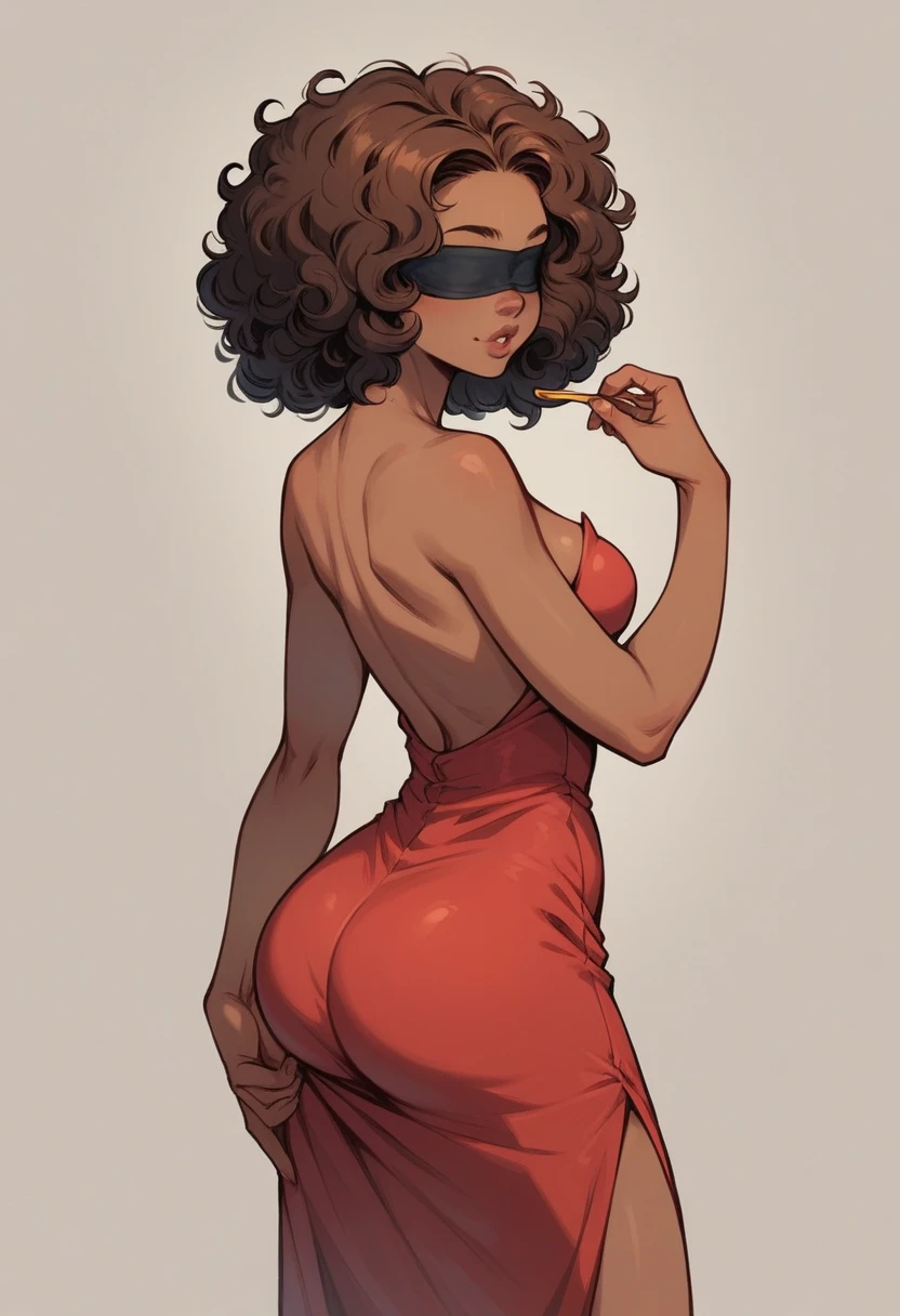 She has honey brown eyes, slightly pink plump lips, small, well-designed nose, a sculptural body; medium breasts, Waist slender, wide hip, buttocks suitable for your body type, in addition to having medium curly hair, dark brown color, Dark skin and wears a strapless red dress with a small blindfold on the thigh