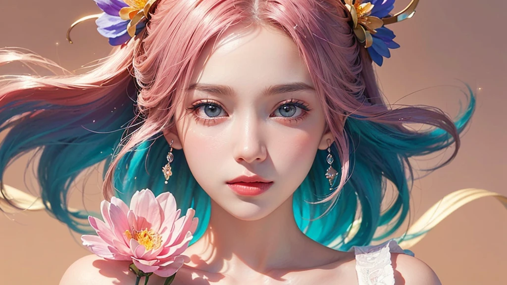 One girl, alone, flower畑, flower, (Official Art, unity 8k wallpaper, Super detailed, beautifully、aesthetic, masterpiece ,Highest quality:1.3), (Dynamic Angle:1.2), (Floating colorful sparkles:1) , elegant, Vibrant colors, Highly detailed face, Detailed eyes, Glowing Skin, Glossy Lips , Pale pink and pale orange background, Pink Hair,