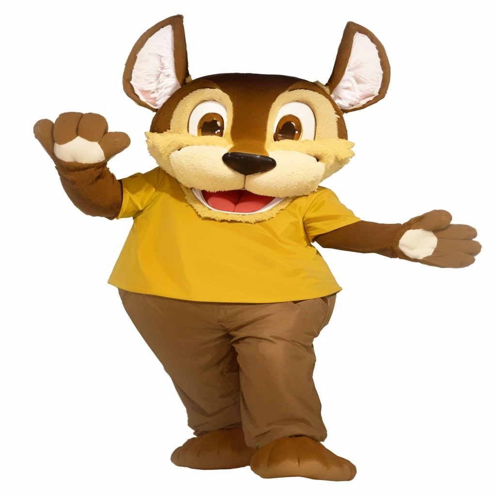 Araffe in a yellow shirt and brown pants waving, mascote de corpo inteiro, disney stylized furry, a dingo mascot, Rato Stanley, plush mascot, personagem da disney, cereal mascot, anthropomorphic time, Chip e Dale, Jerry, furry character, fursuit, chuck and. cheese head, high quality costume, the lion, full body with costume