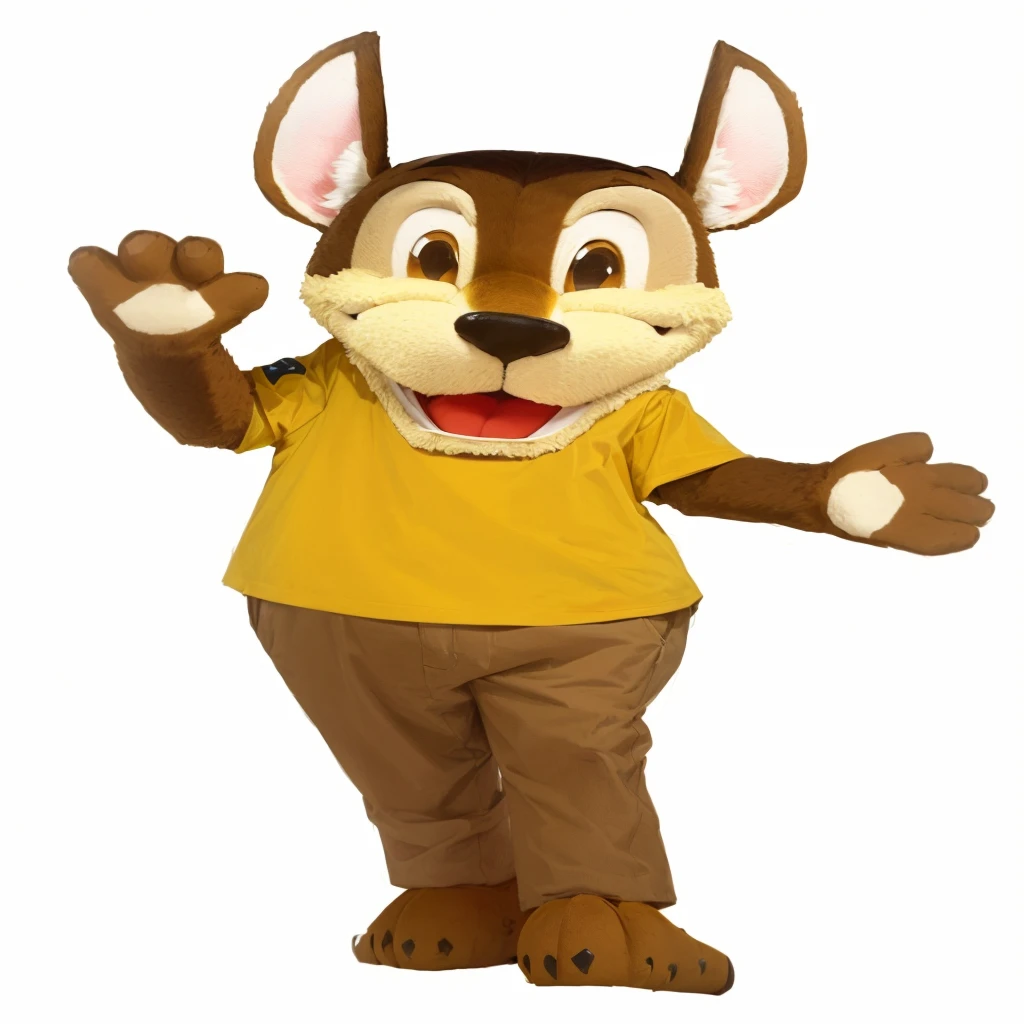 Araffe in a yellow shirt and brown pants waving, mascote de corpo inteiro, disney stylized furry, a dingo mascot, Rato Stanley, plush mascot, personagem da disney, cereal mascot, anthropomorphic time, Chip e Dale, Jerry, furry character, fursuit, chuck and. cheese head, high quality costume, the lion, full body with costume