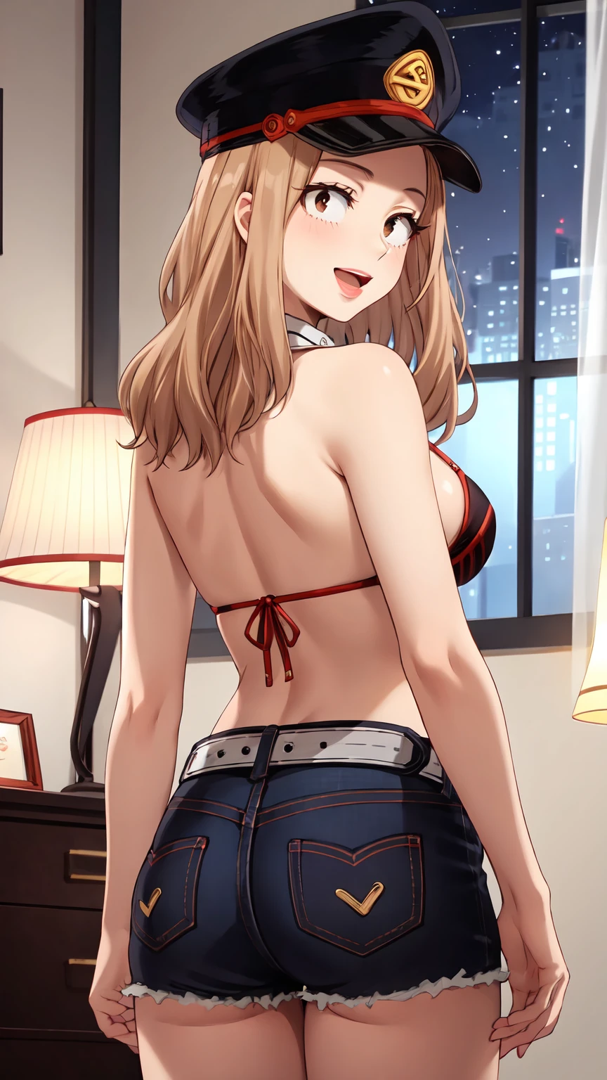 Masterpiece ,best quality , high resolution , (face view , look at view , head back , from back , from behind) , (1 girl solo:1.38) , (camie, long hair, brown hair, brown eyes, peaked cap , lipstick , eyeliner)) , (slim , tall , slender , thin) , (cleavage:1.05) , (big breast:1.06) , (wear bikini , denim_micro_short , fishnet stockinhs) , (indoor , windows , bedroom , night , lamp ) , (open mouth , smile , full face blush , shy ) , (standing , thighs ) , (cowboy_shot)