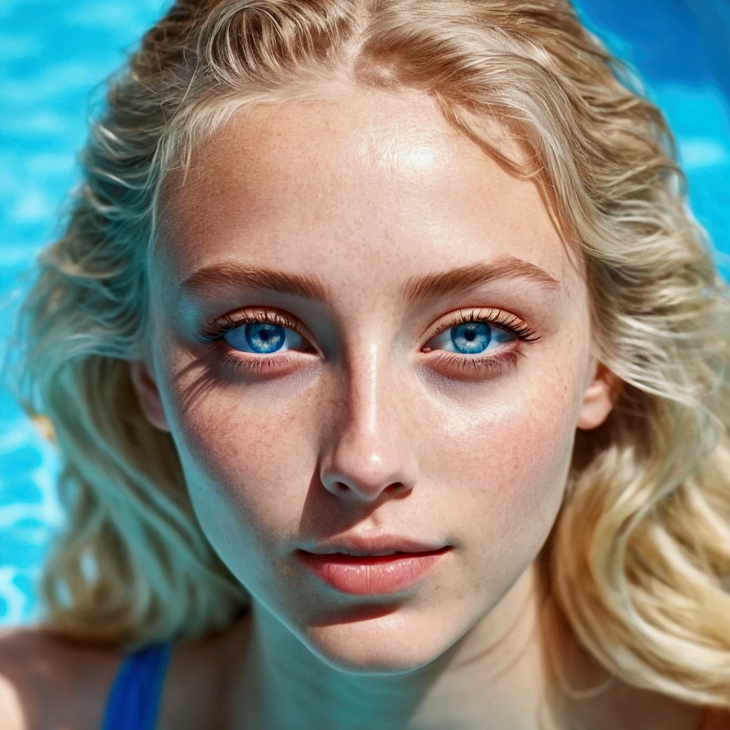 beautiful realistic blonde girl with blue eyes with good shape look very natural stand up by a pool photoshoot