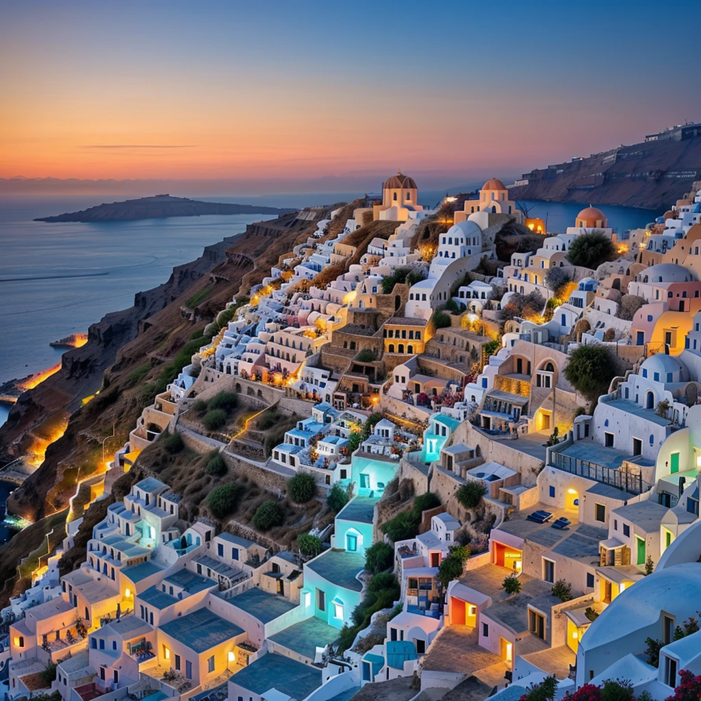 araffecher images of a sunset over a town with a church, santorini, incredibly beautiful, in santorini island, ❤🔥🍄🌪, greek setting, greece, greek fantasy panorama, beautiful place, mediterranean city, beautiful aesthetic, beautiful and spectacular dusk, by Tom Wänerstrand, by Mario Dubsky, beautiful and aesthetic, beautiful lit, picturesque