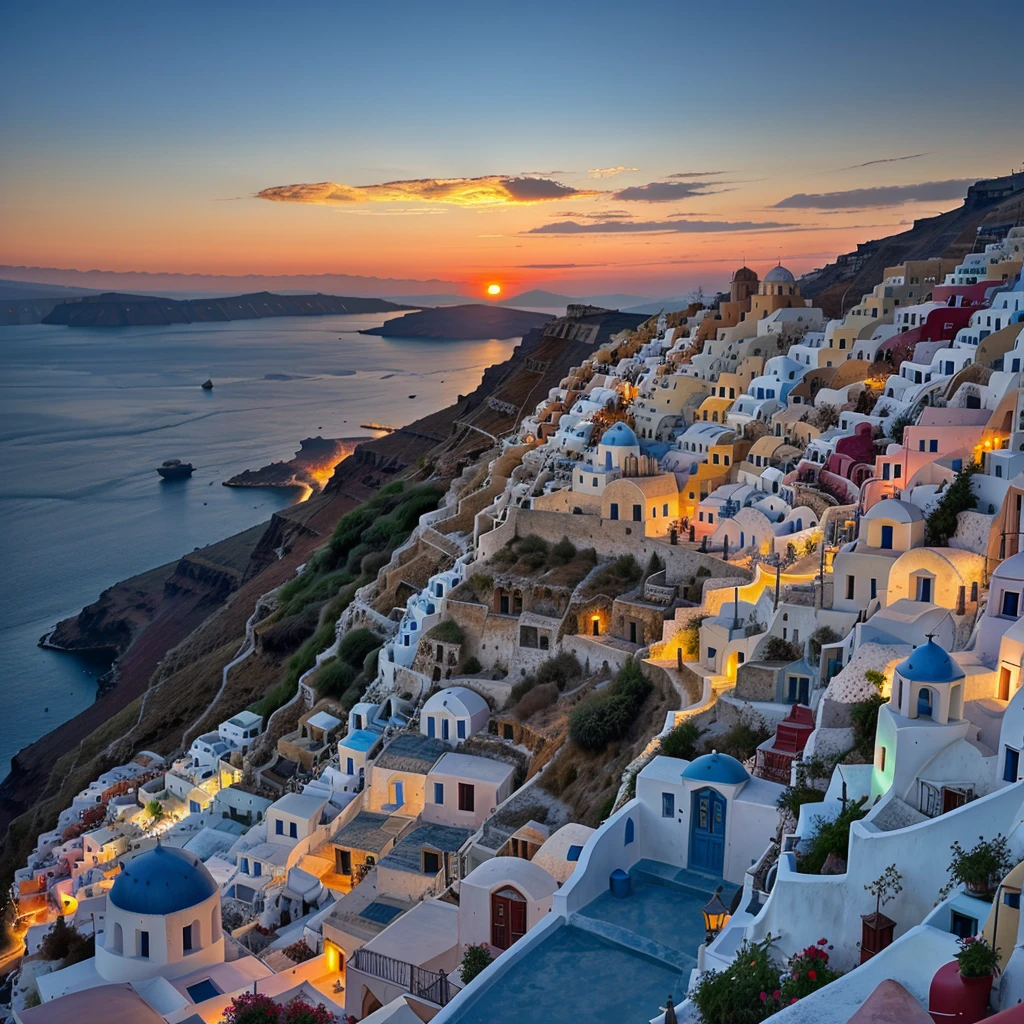 araffecher images of a sunset over a town with a church, santorini, incredibly beautiful, in santorini island, ❤🔥🍄🌪, greek setting, greece, greek fantasy panorama, beautiful place, mediterranean city, beautiful aesthetic, beautiful and spectacular dusk, by Tom Wänerstrand, by Mario Dubsky, beautiful and aesthetic, beautiful lit, picturesque