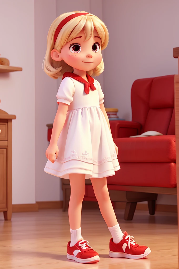  4 years old, dressed in white dress, with red sneakers, disney pixar 3d style, 16K