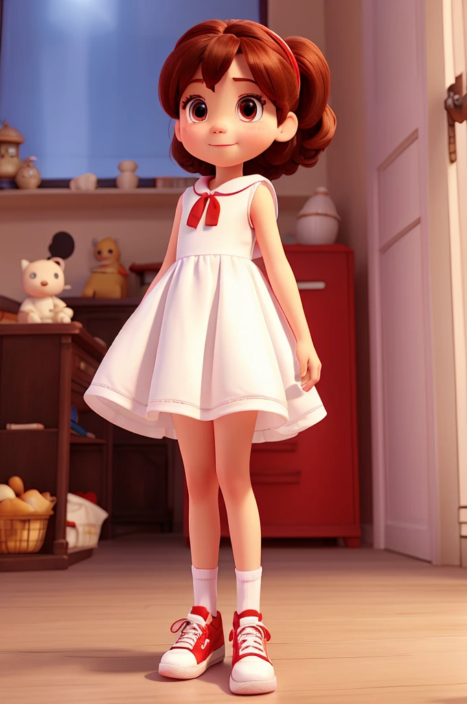 4 years old, dressed in white dress, with red sneakers, disney pixar 3d style, 16K