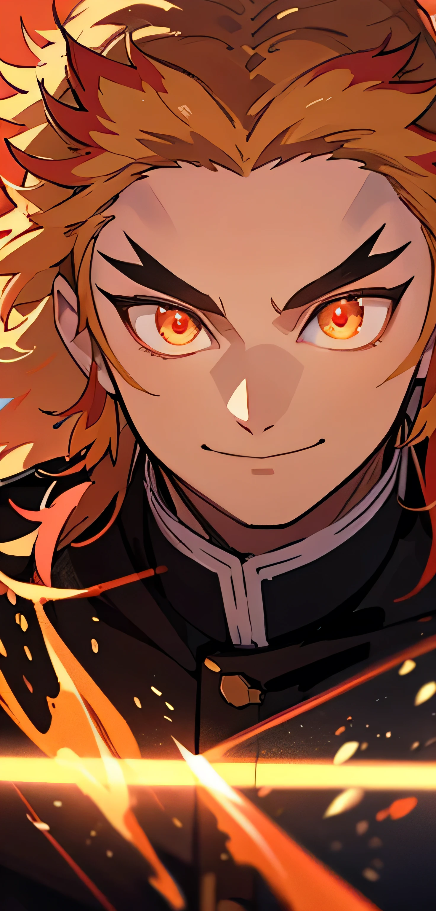 rengoku kyoujurou, 1 man, leaning towards viewer, facing viewer, flames, wind, glowing light, beautiful lighting, smiling, determined expression