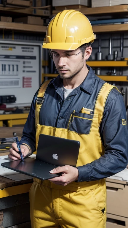 An industrial mechanic in a yellow work suit stands in a workshop with modern equipment and writes something on a tablet. realistic photo