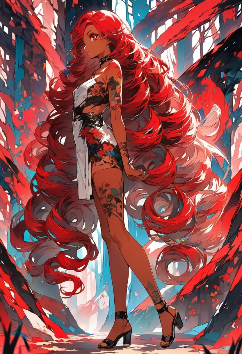 BREAK Perfect Anatomy、(High resolution:1.2)、Incredible illustrations、(Cute illustrations:1.2)、() (Beautiful background(forest)) 1 girl(Red hair, long curly hair, red eyes,tattoos, ,tan skin:1.ung adult woman:2.0)Kyungsy Girl(Full body view)