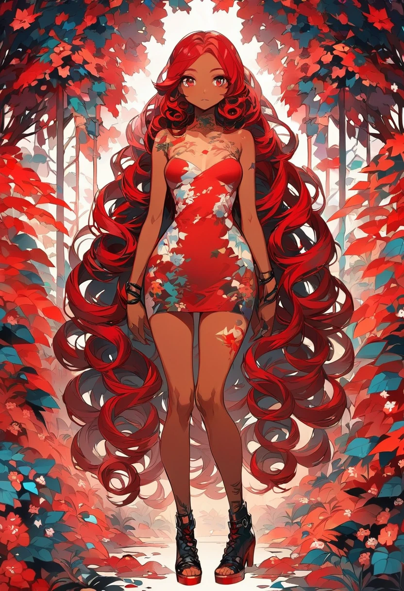 BREAK Perfect Anatomy、(High resolution:1.2)、Incredible illustrations、(Cute illustrations:1.2)、() (Beautiful background(forest)) 1 girl(Red hair, long curly hair, red eyes,tattoos, ,tan skin:1.5)(young adult woman:2.0)Kyungsy Girl(Full body view)