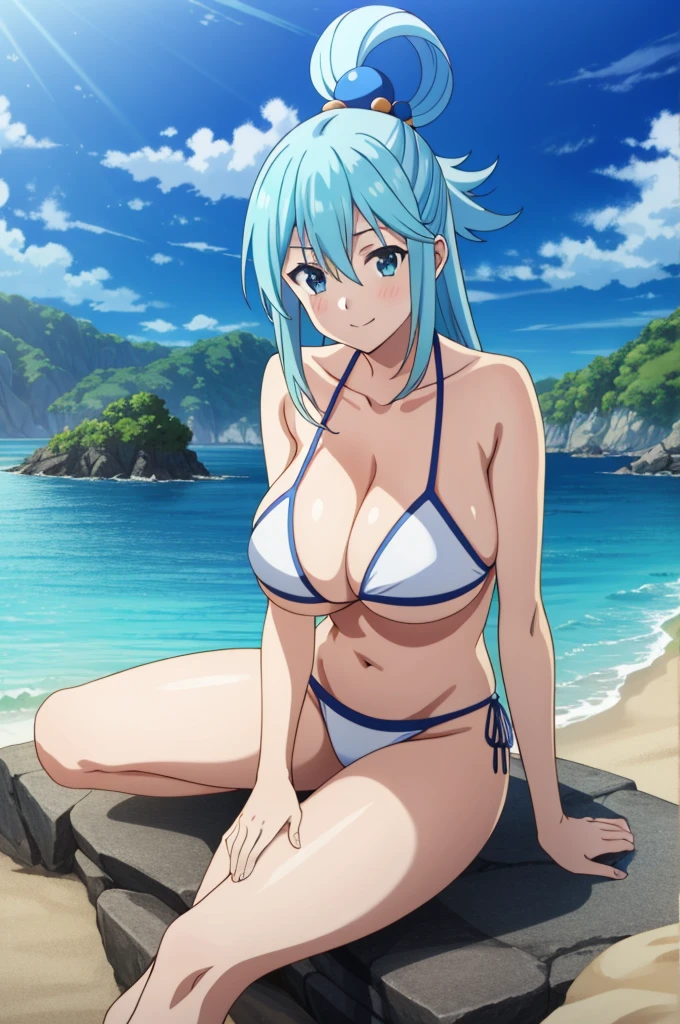 tall body, tall, long legs, mature female, mature, adult, EFT_Konsuba_Aqua, 1girl, aqua (konosuba), solo, long hair, smile, blue eyes, anime coloring, blue hair, hair rings, hair ornament, hair between eyes, 1girl, solo, breasts, looking_at_viewer, smile, large_breasts, cleavage, bare_shoulders, collarbone, sitting, sitting on rock, legs crossed, black underwear, from_below, breasts, large breasts, big breasts, huge breasts, big tits, giant breasts, small bikini, bikini, white bikini, bare shoulders, bare arms, beach, ocean, underboob, island background