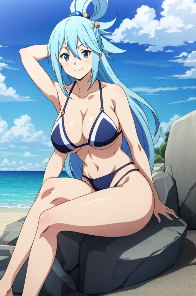 tall body, tall, long legs, mature female, mature, adult, EFT_Konsuba_Aqua, 1girl, aqua (konosuba), solo, long hair, smile, blue eyes, anime coloring, blue hair, hair rings, hair ornament, hair between eyes, 1girl, solo, breasts, looking_at_viewer, smile, large_breasts, cleavage, bare_shoulders, collarbone, sitting, sitting on rock, legs crossed, black underwear, from_below, breasts, large breasts, big breasts, huge breasts, big tits, giant breasts, small bikini, bikini, white bikini, bare shoulders, bare arms, beach, ocean, underboob, island background