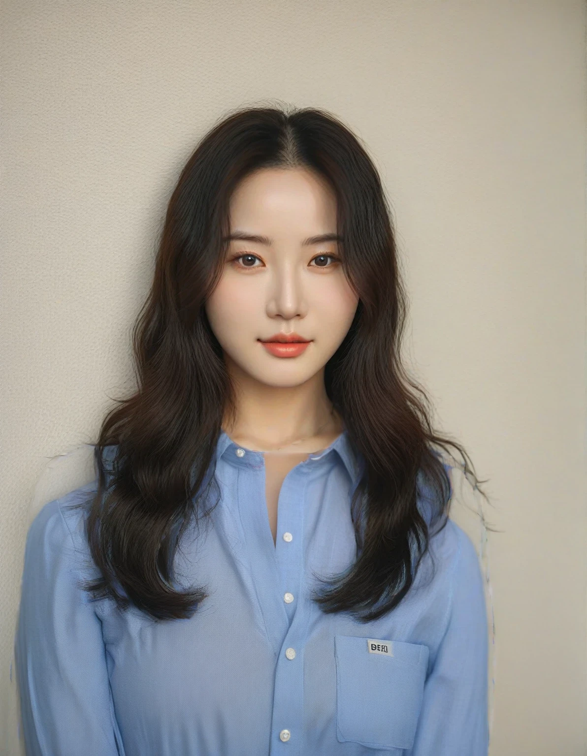 Best Quality, 8k, Masterpiece, (Portrait: 1.3), (photo realistic:1.4), (hyper realistic:1.4), Sharp Focus, looking at viewer, (smoother lighting:1.1), (increase cinematic lighting quality:0.9), realistic lighting, backlighting, light on face, ray trace, (brightening light:1.2), (Increase quality:1.4), sharp detail, (best quality real texture skin:1.4), finely detailed eyes, black_eyes, finely detailed face, 25 year old Korean woman, (dressl_shirt:1.4), (Create an image maintaining the original base model hairstyle:1.5)