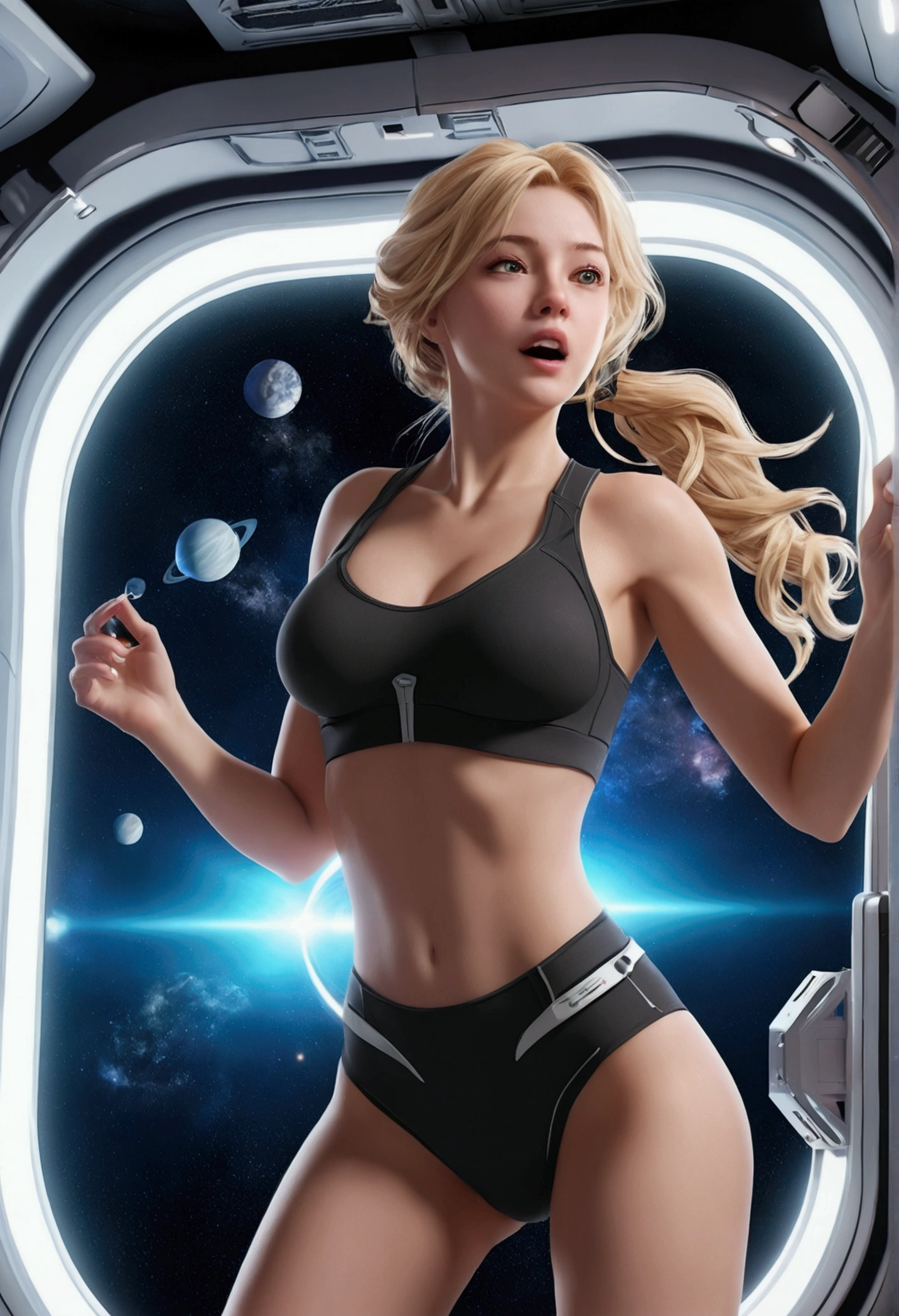 top-quality,Top image quality,8kで,4K,masterpiece,Ultra-detailliert,beautiful,Ultra-quality, best quality,expensive solve, Ultra-detailed,game CG,dutch angle,(Acrobatic pose):5,Jumping:5,(inside spacestation,)beautiful detailed eye,five refer to,headphone,Browsing Caution,a beauty girl,(Astro Best):5,(Tracking unishapes),Wet,(vapor:1.5),Running shape,Open Open mouth,(Blonde),(Long Hair):2,belly button,space_station_interior, exercise_room, Futuristic, expensive_technology, zero_gravity_exercise_Device, expensive_solve_landscape, Sophisticated_design, Minimal, 8k_solve, game_CG_style, Dutch_angle, detailed_character, Tracking_unishape, perfection_running_shape, intense_Performance, detailed_eye, Decide, vapor:1.5, beauty, strength, five_refer to, appear_belly button, Open_mouth, Ultra_quality, expensive_solve, Ultra_detailed,Astro Best
