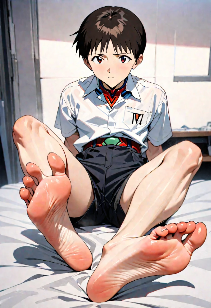 masterpiece, Highest quality, so beautiful, Absurd,Anatomically correct body,One boy, Male Focus, Ikari Shinji, Neon Genesis EVANGELION,View your viewers,Half naked,Black shorts,Show the soles of your feet, Perfect legs, Five-toed feet, Feet Focus, Two legs, 2 feet