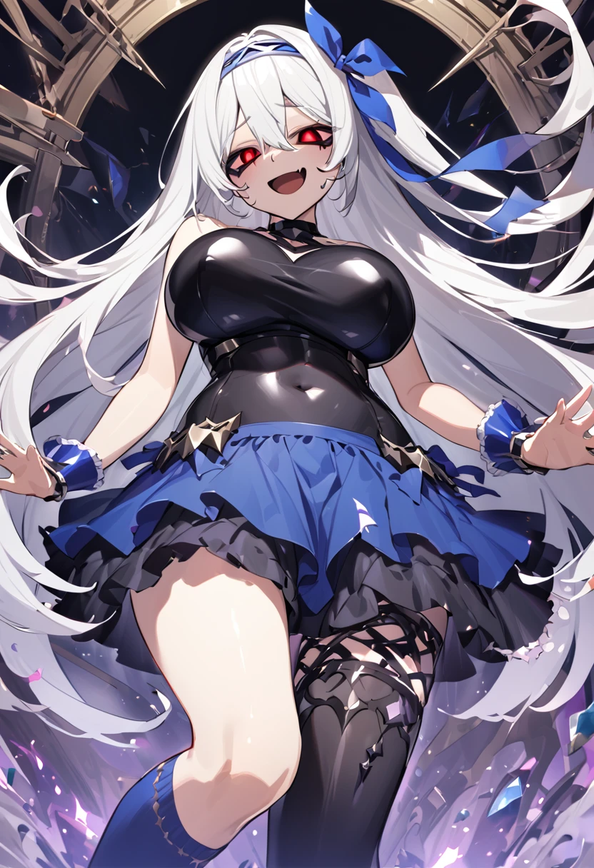 Wrist cuff, Blue Skirt, Black latex dress, Side Ponytail, Blue Boots, gem, hair band, Navy knee socks, Blue Ribbon, belly button, Floral Background, corruption, NTRGAO, Hollow Eyes, Half-closed eyes, Wicked Smile, No students, Crazy Smile, Open your mouth, One girl,  Dark Magical Girl,Huge mistake（Huge breasts：1.8)、