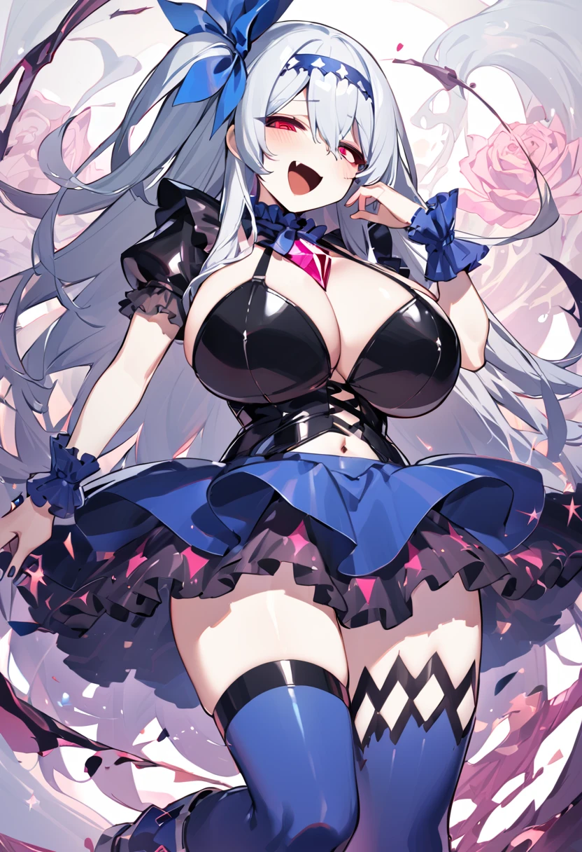 Wrist cuff, Blue Skirt, Black latex dress, Side Ponytail, Blue Boots, gem, hair band, Navy knee socks, Blue Ribbon, belly button, Floral Background, corruption, NTRGAO, Hollow Eyes, Half-closed eyes, Wicked Smile, No students, Crazy Smile, Open your mouth, One girl,  Dark Magical Girl,Huge mistake（Huge breasts：1.8)、