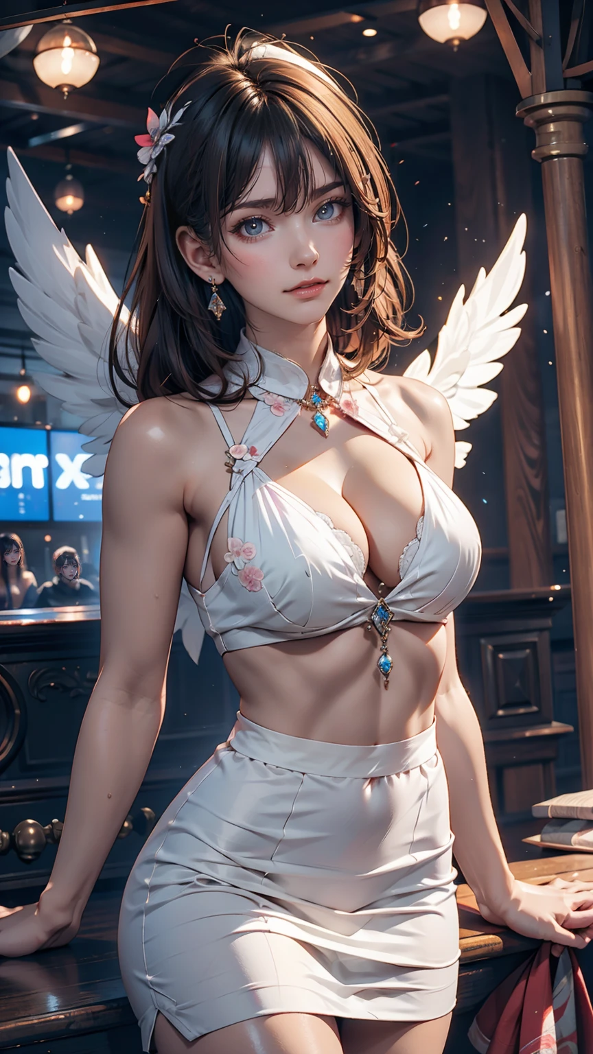 High resolution, Highest quality, masterpiece, 超High resolution, 超High resolution, Ultra-realistic, 3d, anime, figure, alone, A very beautiful and cute woman in her 20s, She was wearing a pale white floral mini-skirt dress.、Flapping its wings, Her hair is moving, whole body, Amazing perfect proportions, Shiny light brown medium length hair, High Layer Cut, Mallet Hairstyles, Bright Blue Eyes, Happy, shy