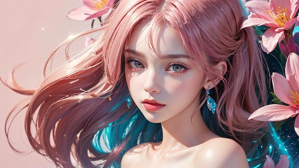 One girl, alone, flower畑, flower, (Official Art, unity 8k wallpaper, Super detailed, beautifully、aesthetic, masterpiece ,Highest quality:1.3), (Dynamic Angle:1.2), (Floating colorful sparkles:1) , elegant, Vibrant colors, Highly detailed face, Detailed eyes, Glowing Skin, Glossy Lips , Pale pink and pale orange background, Pink Hair,