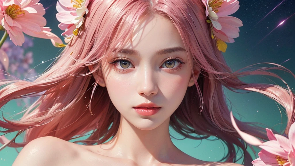 One girl, alone, flower畑, flower, (Official Art, unity 8k wallpaper, Super detailed, beautifully、aesthetic, masterpiece ,Highest quality:1.3), (Dynamic Angle:1.2), (Floating colorful sparkles:1) , elegant, Vibrant colors, Highly detailed face, Detailed eyes, Glowing Skin, Glossy Lips , Pale pink and pale orange background, Pink Hair,