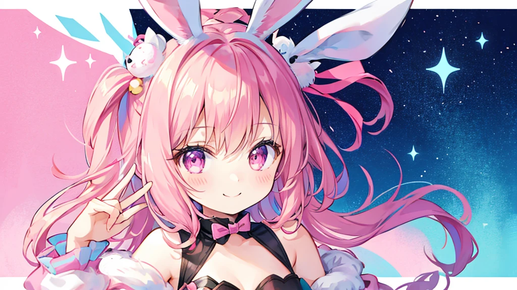 Bunny ears、Chibi Girl、fluffy、Pink pop background、smile