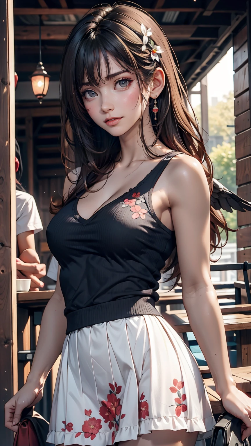 High resolution, Highest quality, masterpiece, 超High resolution, 超High resolution, Ultra-realistic, 3d, anime, figure, alone, A very beautiful and cute woman in her 20s, She was wearing a pale white floral mini-skirt dress.、Flapping its wings, Her hair is moving, whole body, Amazing perfect proportions, Shiny light brown medium length hair, High Layer Cut, Mallet Hairstyles, Bright Blue Eyes, Happy, shy