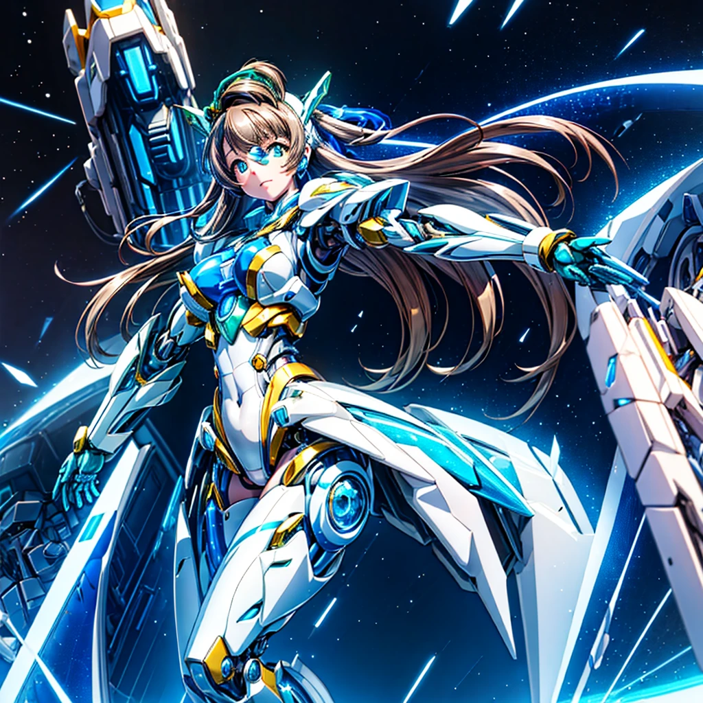 masterpiece, high quality, During the mechanized modification operation、Minami Kotori, who has been turned into a mechanical body cyborg、Gynoid cyborg body modification surgery、Blue and white leotard armor、A precisely mechanized body、Single image、from the front,Put the whole body