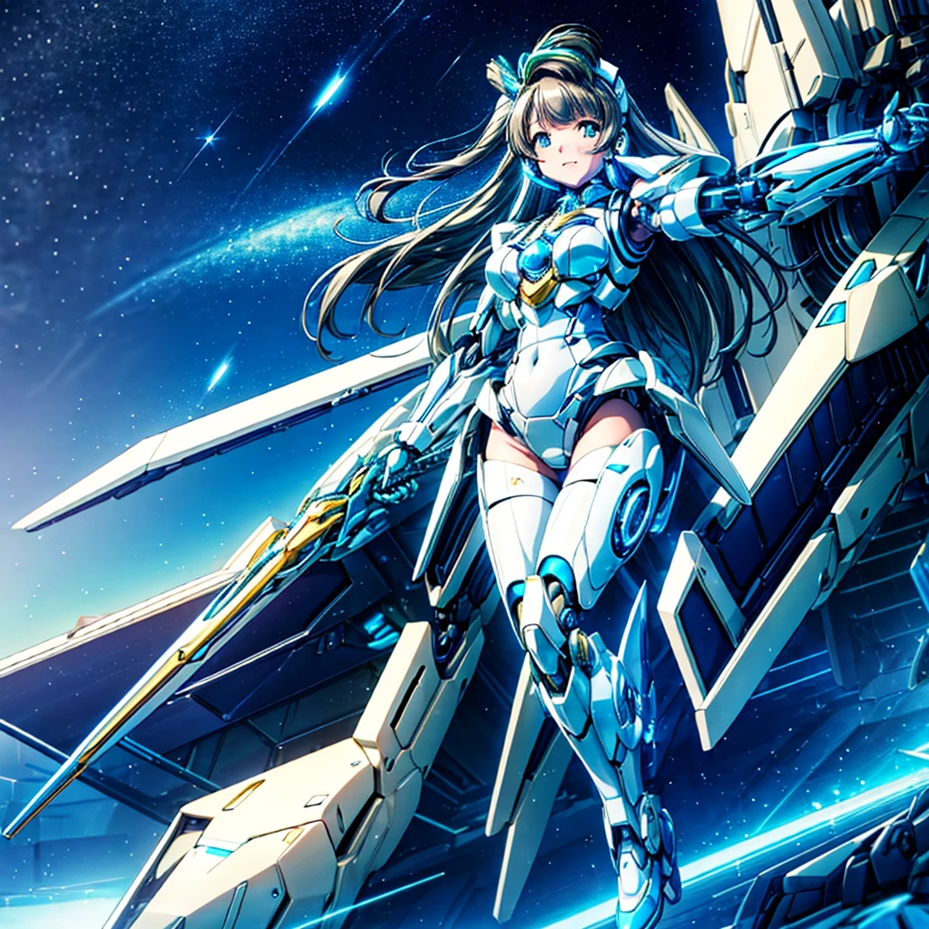 masterpiece, high quality, During the mechanized modification operation、Minami Kotori, who has been turned into a mechanical body cyborg、Gynoid cyborg body modification surgery、Blue and white leotard armor、A precisely mechanized body、Single image、from the front,Put the whole body