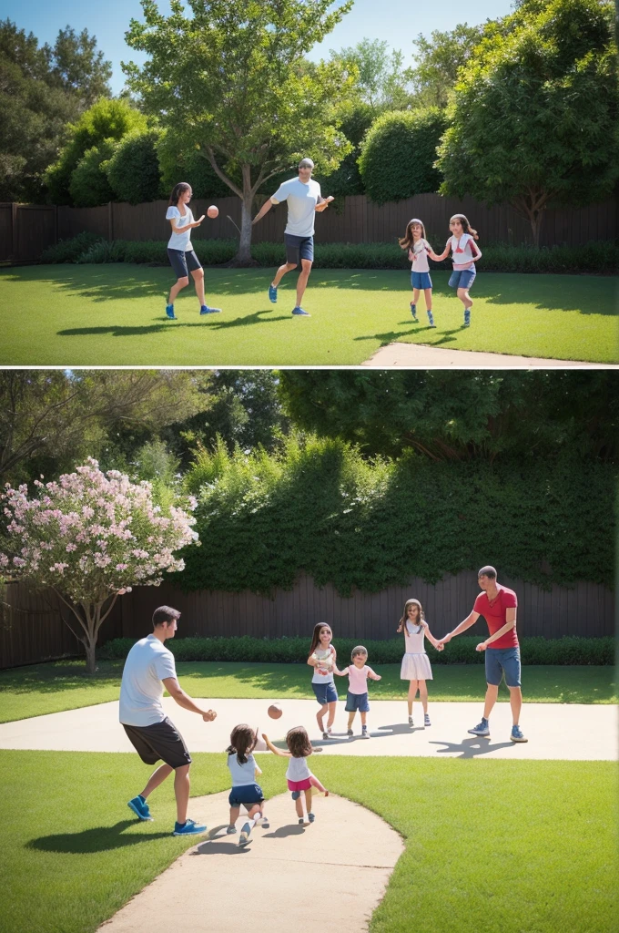 "Create a realistic image of a family playing ball in the backyard. The image must include two parents and two children. The setting should be a grassy backyard with a fence in the background, trees and some flowers around. The family should be smiling and enjoying time together."