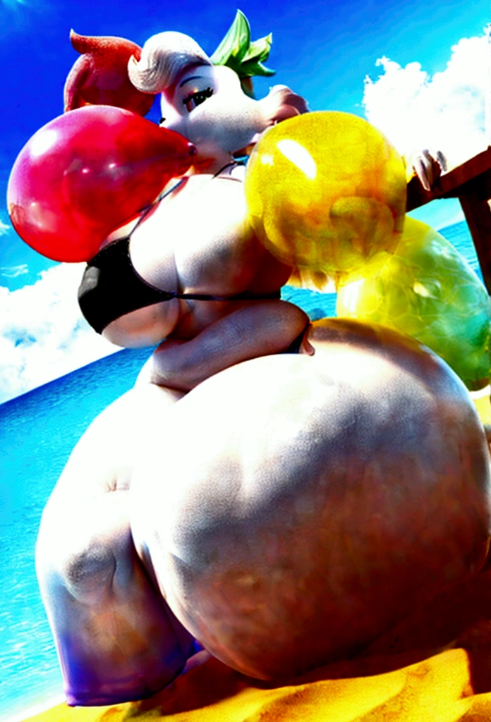 explicit content, 3d, female, solo, sky forme shaymin, beach setting, black bikini, sitting, big breasts, wide waist, wide hips, massive thighs, big ass, slightly fat body, looner, blowing yellow balloon, blowing large balloon, holding balloon