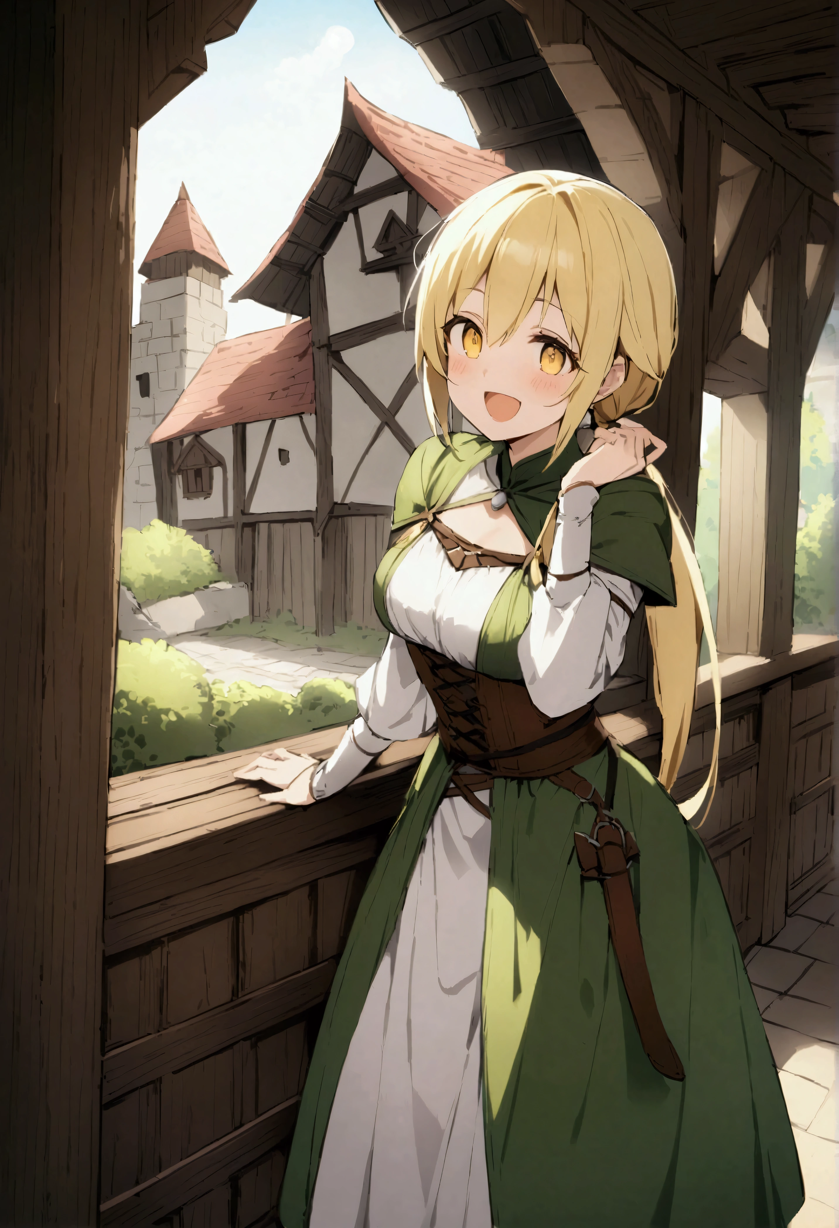 score_9、score_8_up、score_7_up、Thiefxl、Blonde Hair、Yellow Eyes、Low ponytail、Long narrow eyes、Laughter、solo、、Fantasy Background、Fantasy medieval house wooden interior、