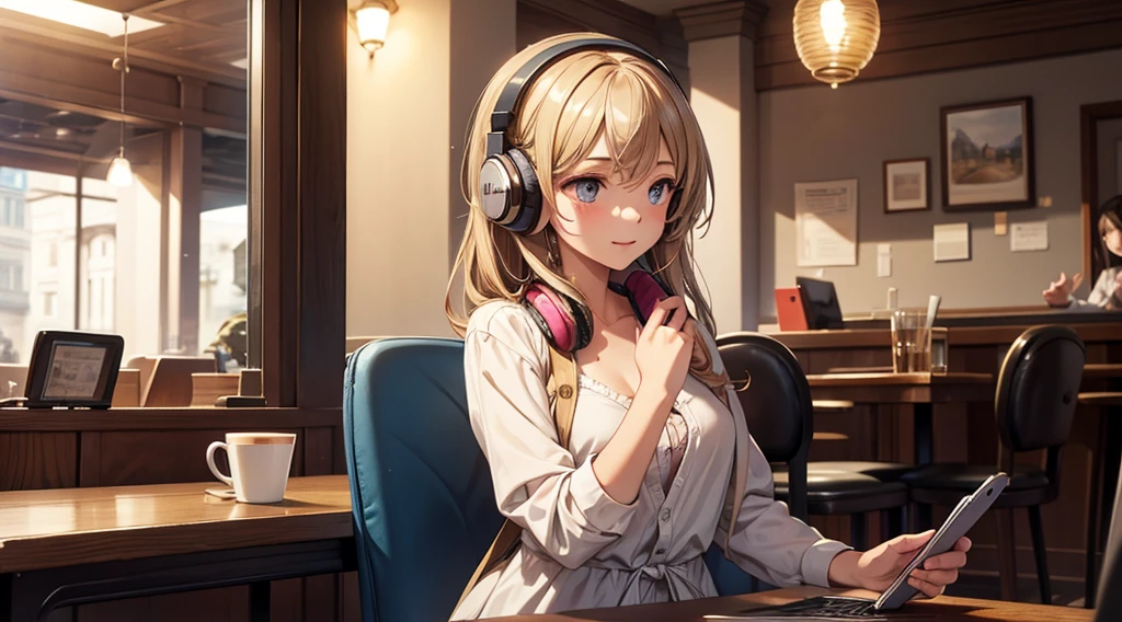 Girl with headphones enjoying music in a cafe　I am studying　Emphasize a little bit of the chest