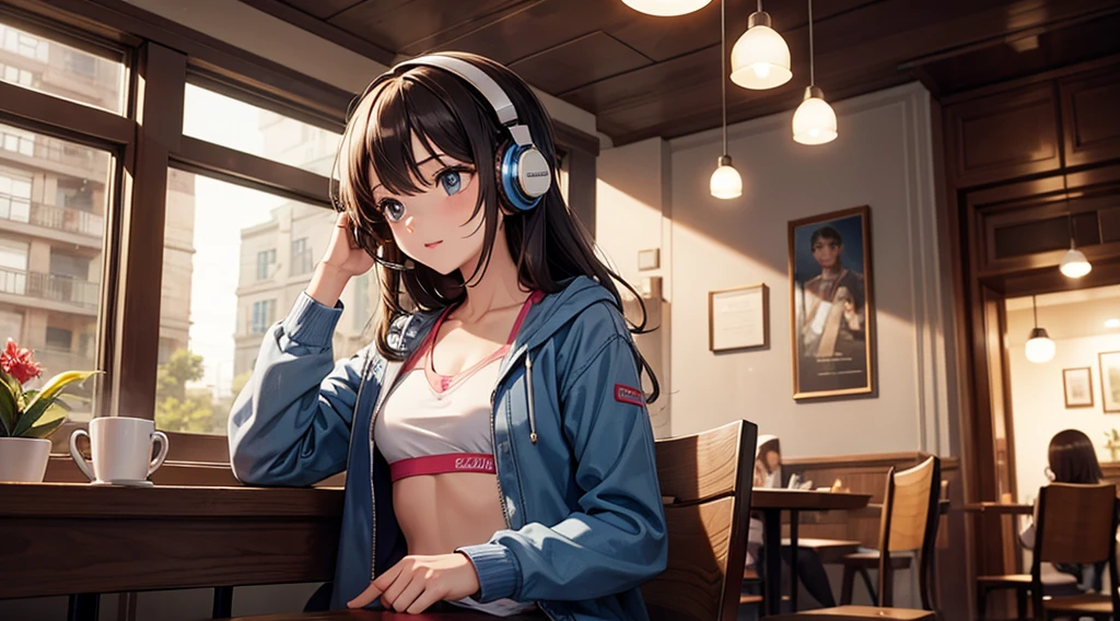 Girl with headphones enjoying music in a cafe I am studying Emphasize a little bit of the chest