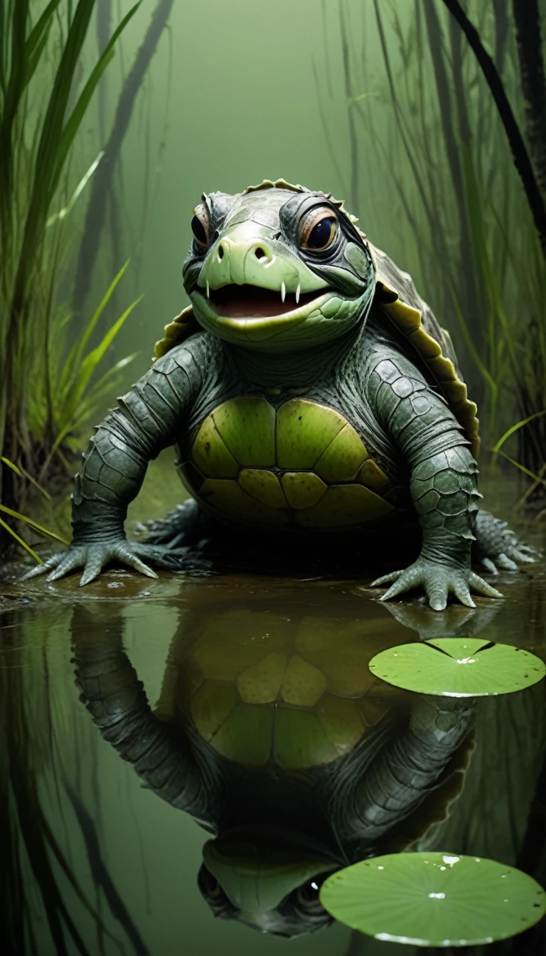 Emerging from a murky river, a Kappa looks up with a mischievous grin. Its green, scaly skin glistens with water, and its turtle-like shell and webbed hands and feet are clearly visible. The dish on its head is filled with water, and it stands in a lush, swampy environment, surrounded by reeds and dark, stagnant water.