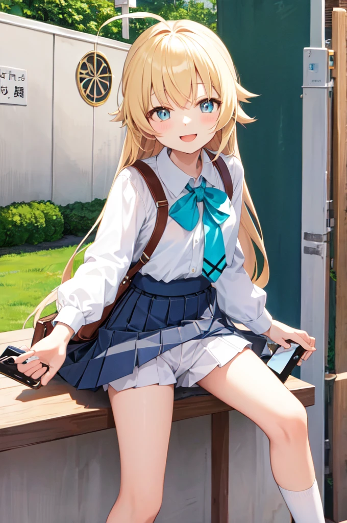 masterpiece, Highest quality, Very detailed, One girl, Hoshino, White shirt, Pleated skirt, smile, Are standing, Outdoor ,NFSW,Skirt tucked up,Light blue shorts,Selfie