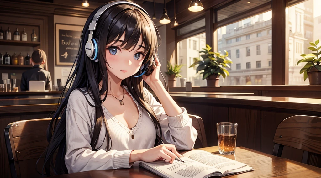 Girl with headphones enjoying music in a cafe I am studying Emphasize a little bit of the chest
