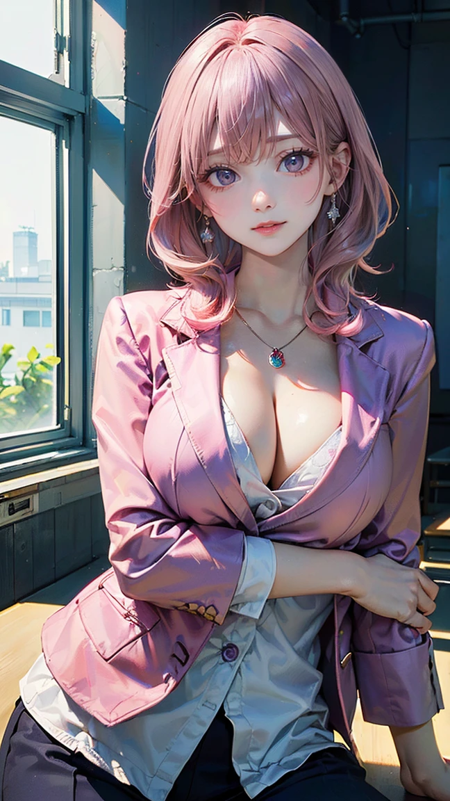 ((Highest quality, 8k, masterpiece :1.3)), (Sharp focus :1.2, Beautiful woman with perfect figure :1.4, Slim Abs), ((Big Breasts, Emphasize cleavage:1.2)), (Photorealistic:1.4), (realistic:1.4), (Pink Hair:1.5), Highly detailed face and skin texture, Fine grain, double eyelid. Makeup face, A little bit of lipstick, sex appeal, Sexy gravure pose, ((Purple blazer and white blouse、The background is the window of the science lab.、Intellectual look、necklace、Pose leaning against the window。:1.3)
