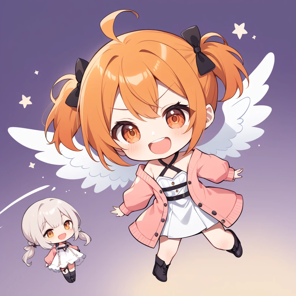 orange hair, orange eyes,girl,Pigtails with the ends tied up,laugh, Chibi, little witch, 1 woman,halterneck,White dress,pink cardigan,panties,Angel Wings