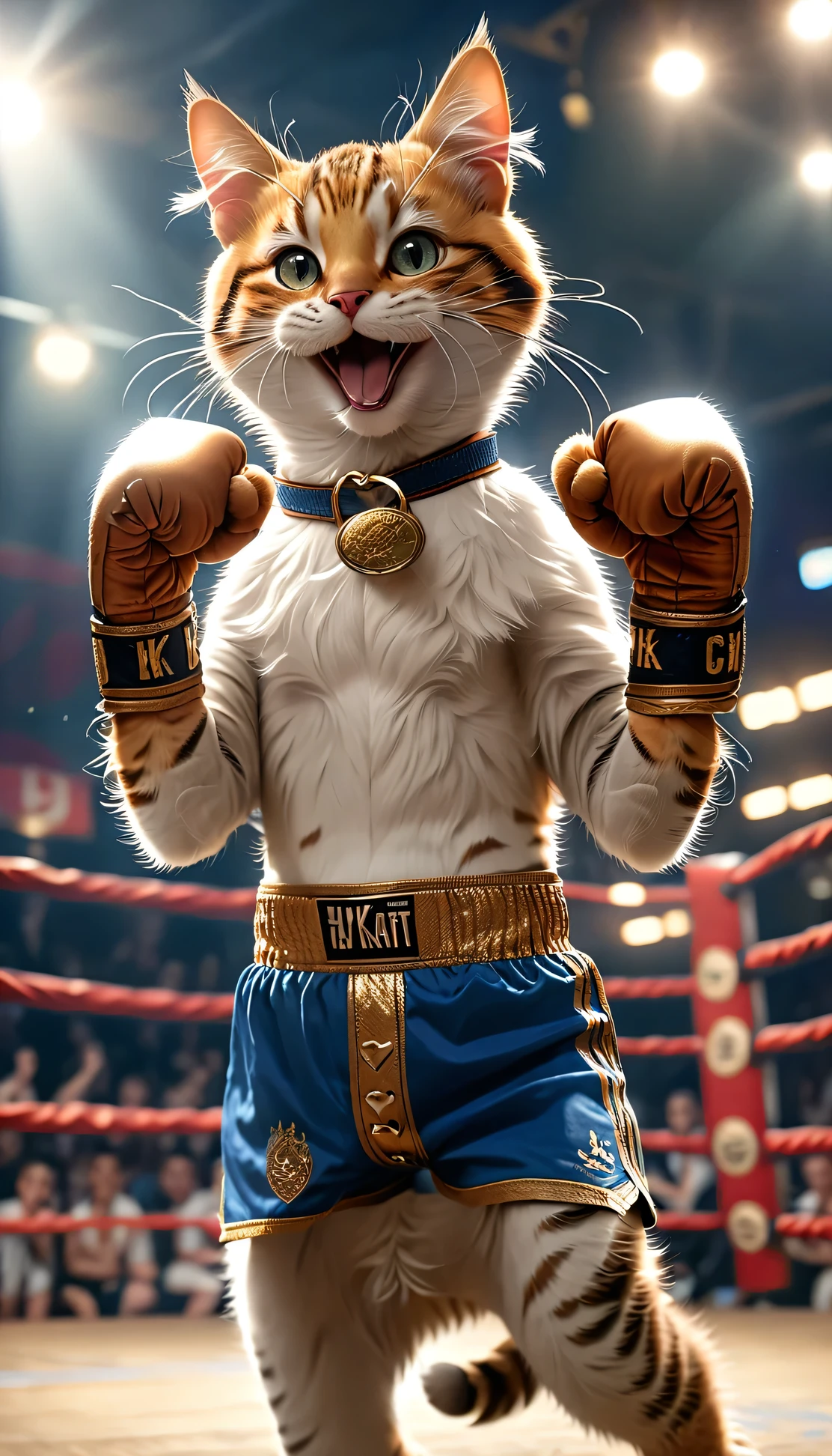 ((8k)), Highest quality, 超high resolution, A cat is in a boxing ring, Wearing boxer shorts, Wearing a championship belt, Happy to raise both hands, ((Chuckle-Smile))
