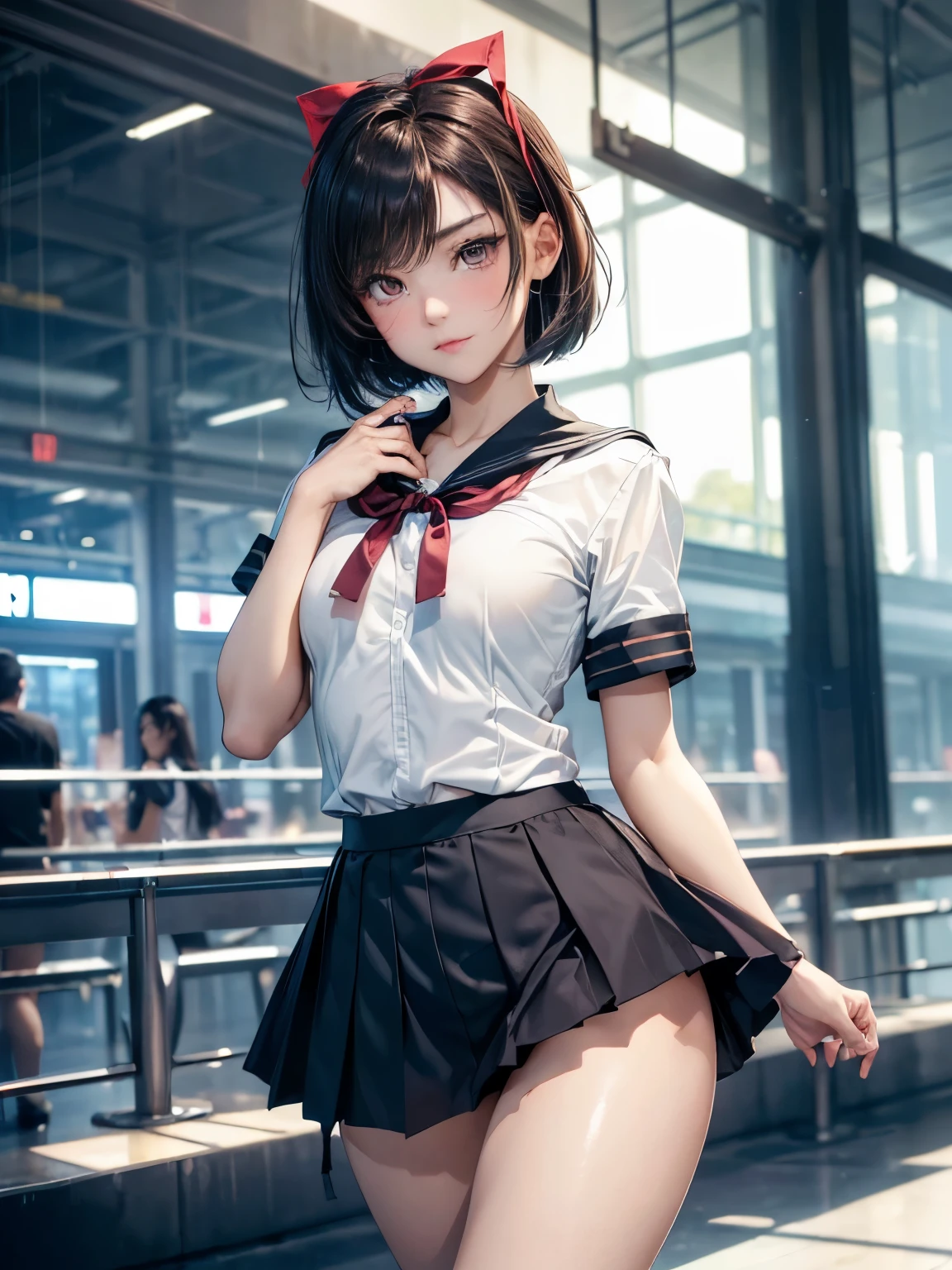 ((Best of the highest quality, 8k, Masterpiece, raw photo: 1.1)), (Sharp focus: 1.1), (1 AESPA, slim body type female, 22 y/o: 1.1), solo, Portrait Waist Up, (realistic, photo-realistic:1.37), face focus, finely small eyes, (forehead, short bob hair: 1.32), (sharp chin, droopy eyes: 1.32), (sad eyes: 1.1), (Emphasize prominent aegyo-sal with bright: 1.28), shimmering eyeshadow applied under the lower lash line, paired with thick, (small breasts, flat chest, thigh: 1.2), (short bob hair: 1.2), (school uniform, ribbon: 1.28), walking airport terminal, flower, anime